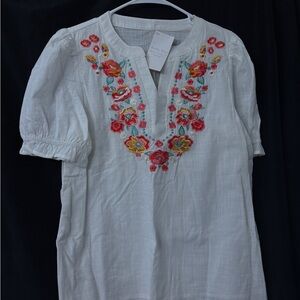 (2) Mexican Embroidered White and Black Top with Floral Accents - Medium